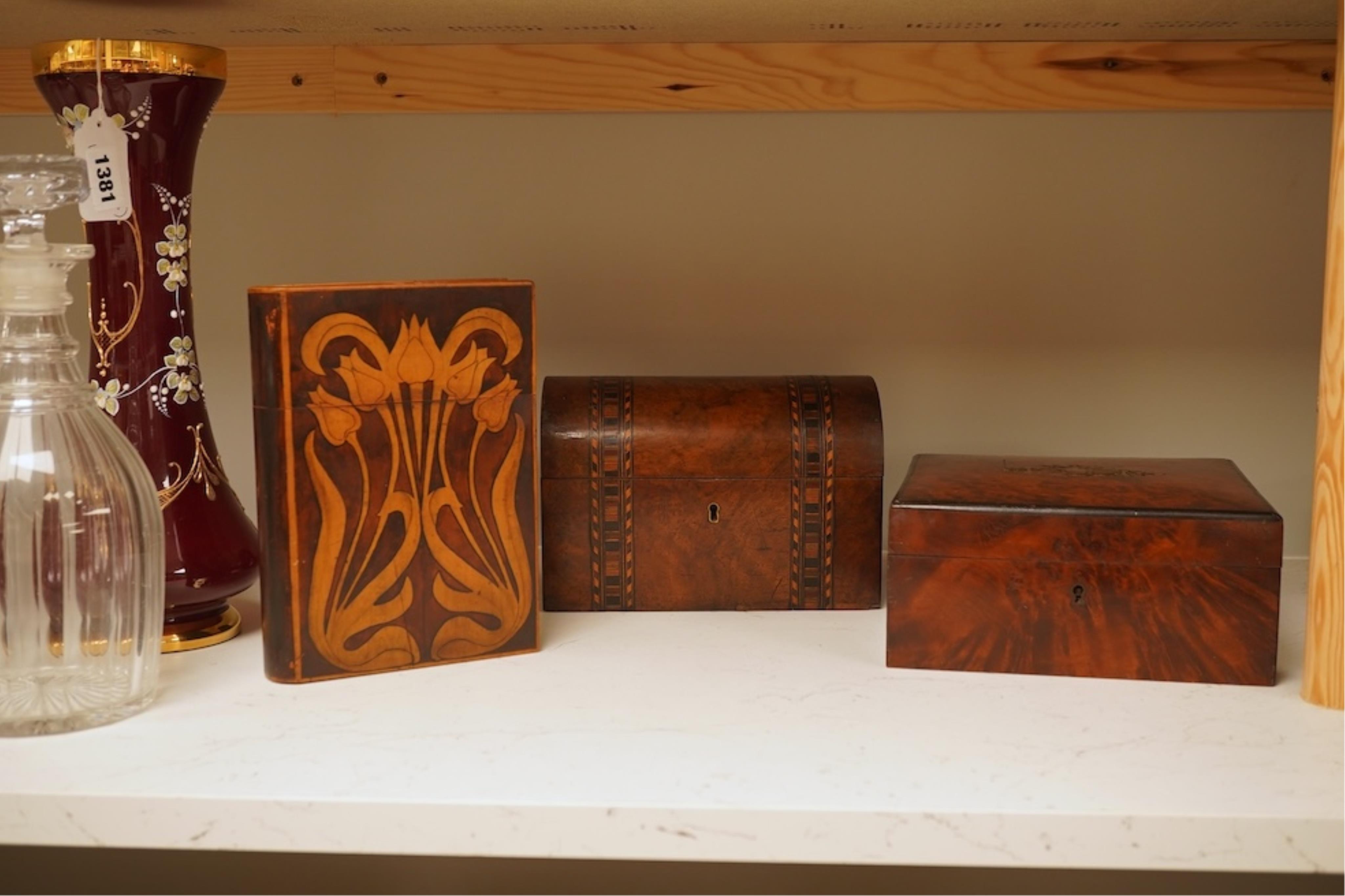 A 19th century French thuya box, Victorian tea caddy and an Art Nouveau book-shaped box, largest 20cm high